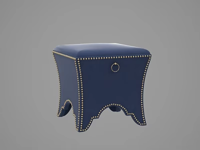 Blue Upholstered Stool With Brass Nailhead Trim Round Ring Handle And Scalloped Legs 3d model
