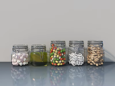 Decorative Glass Jar Set With Marshmallows Olive Oil Colorful Candies Noodles Beans On Smooth Surface 3d model