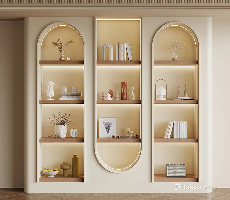 Modern Arched Built in Bookshelf with Lighting and Decorative Books 3d model 