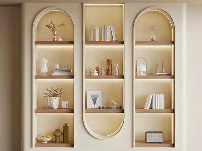 Modern Arched Built in Bookshelf with Lighting and Decorative Books 3d model