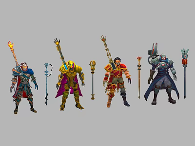 Fantasy Creature Characters in Various Armor Sets Holding Unique Magical Staffs 3d model