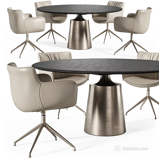 Light Colored Leisure Chairs With Metal Legs Around Modern Black Dining Table 3d model 