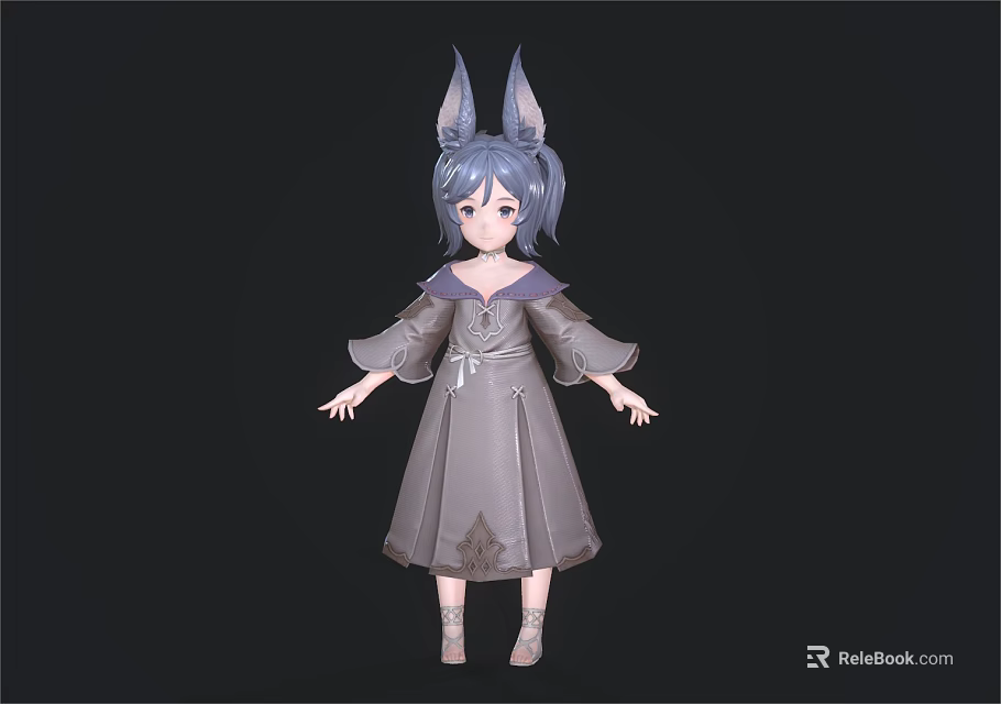 Woman with blue hair and rabbit ears wearing gray long sleeved dress in black background 3d model 