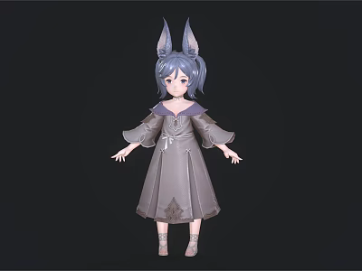 Woman with blue hair and rabbit ears wearing gray long sleeved dress in black background 3d model