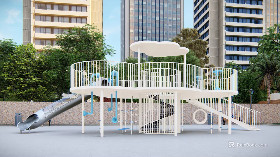 Modern Outdoor Playground Structure With Slide Spiral Stairs And Urban Green Trees 3d model 