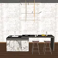 Modern Bar Counter Featuring Marble Countertop Dark Frame Wooden Floor And Two Stools
