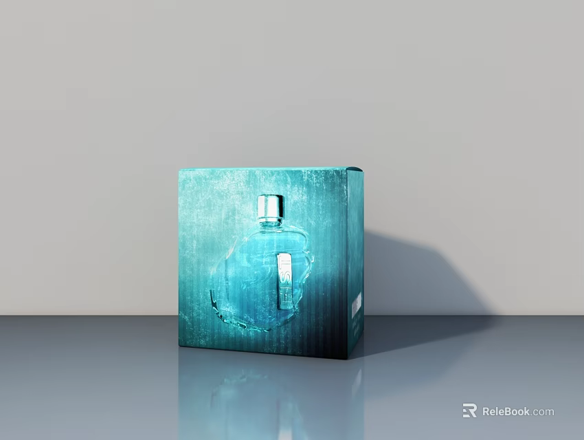Swing Door Product Packaging Featuring Teal Box With Transparent Bottle Design On Gray Surface 3d model 