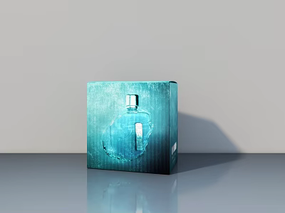 Swing Door Product Packaging Featuring Teal Box With Transparent Bottle Design On Gray Surface 3d model