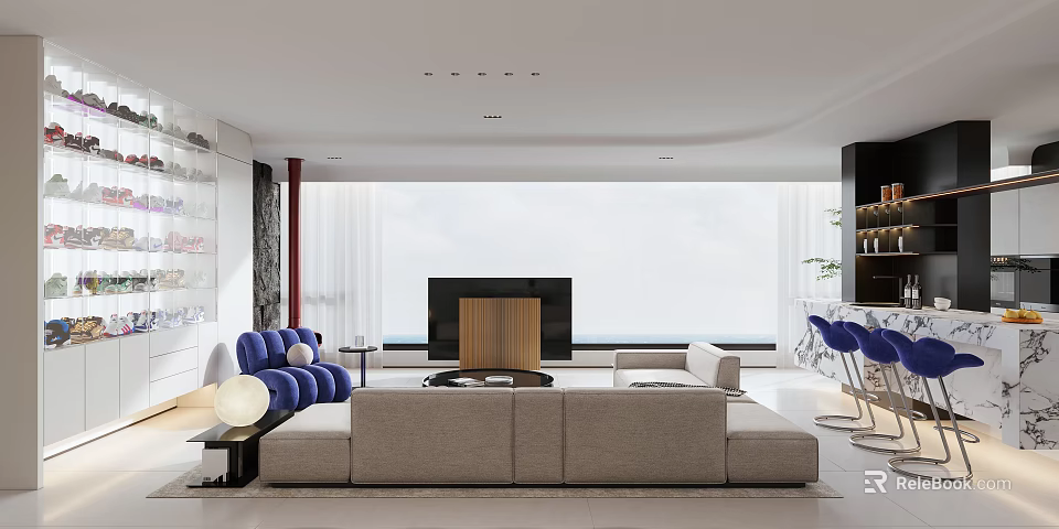 Modern Bright Open Plan Living And Dining Room With Panoramic Sea View And Elegant Furniture 3d model 
