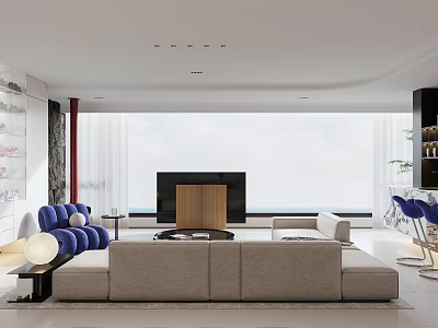 Modern Bright Open Plan Living And Dining Room With Panoramic Sea View And Elegant Furniture 3d model