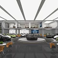 Car Dealership Interior With Luxury Sports Cars Display Wall And Lounge Area