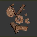 Wooden Axe Stuck In Wooden Stump With Stacked Logs And Firewood Pieces