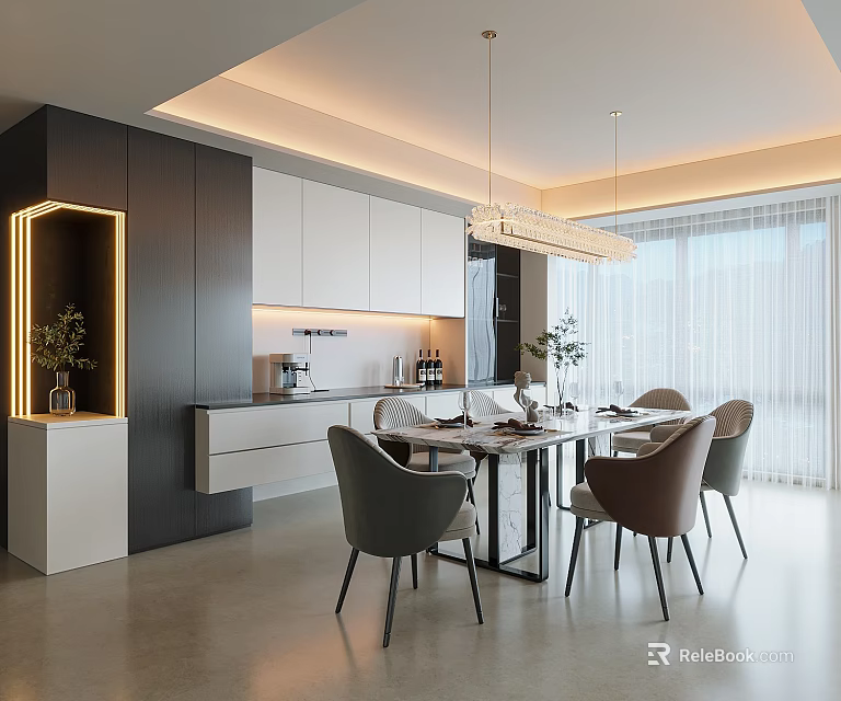 Modern Open Kitchen Dining Area With Dining Table Chairs Pendant Lights And Green Plants 3d model 