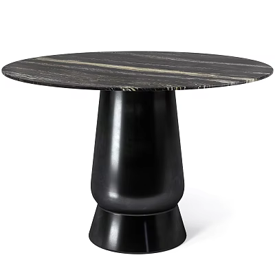 Round Black Marble Dining Table With Striped Top And Unique Pedestal Base 3d model