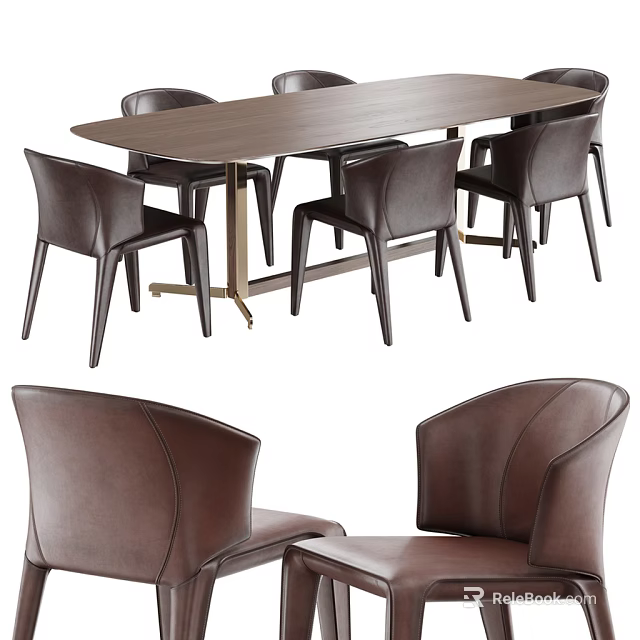 Sleek Rectangular Wooden Dining Table Set With Leather Upholstered Dining Chairs 3d model