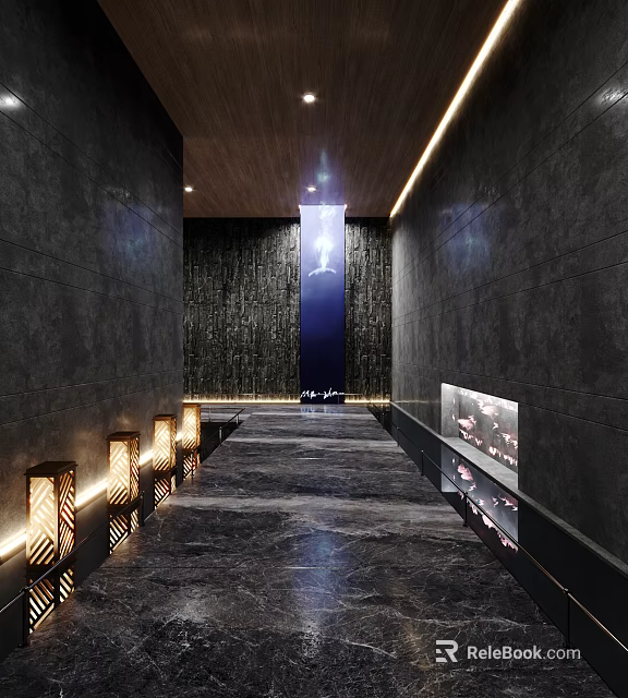 Hotel Corridor Interior Featuring Dark Walls Wooden Ceiling Warm Yellow Wall Lamps And Marble Floor 3d model 