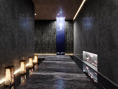 Hotel Corridor Interior Featuring Dark Walls Wooden Ceiling Warm Yellow Wall Lamps And Marble Floor 3d model