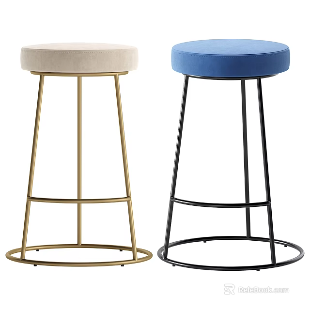 Modern Bar Stools With Beige Blue Velvet Seats And Gold Black Metal Frames 3d model 