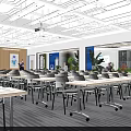 Modern Office Corridor With Blue Accents Green Plants And Seating Areas