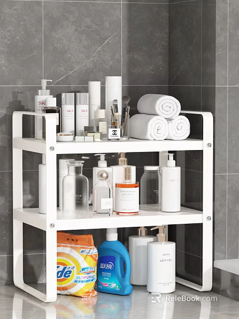 Perfume and Cosmetics Displayed on White Bathroom Shelf with Various Bottles and Towels 3d model 