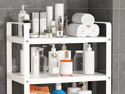 Perfume and Cosmetics Displayed on White Bathroom Shelf with Various Bottles and Towels 3d model