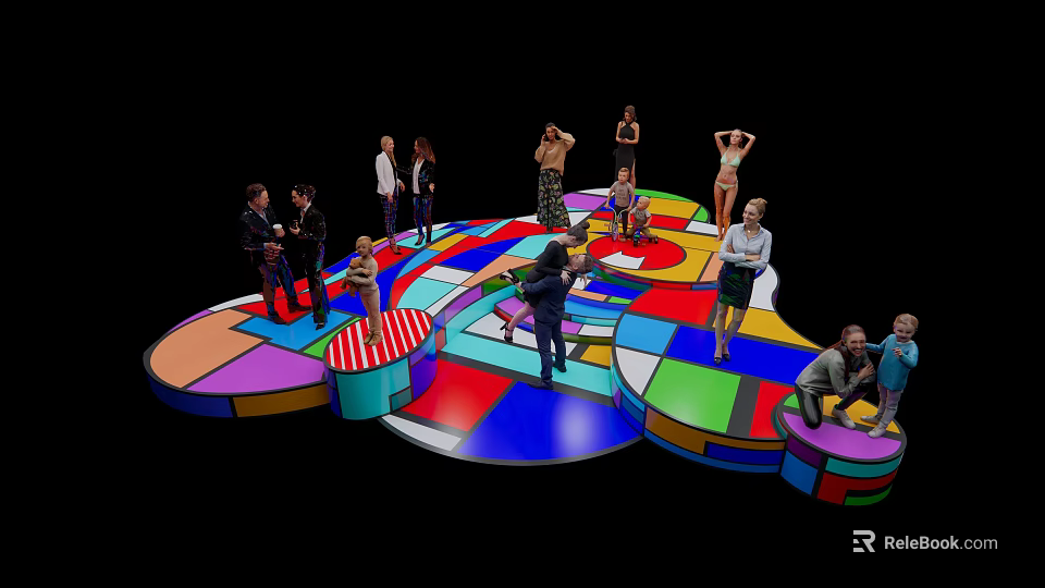 Vibrant Multicolored Art Installation With Geometric Platforms And People Interacting 3d model 