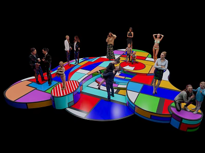 Vibrant Multicolored Art Installation With Geometric Platforms And People Interacting 3d model