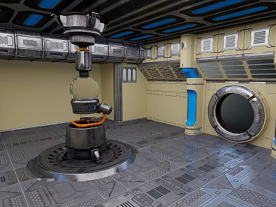 Futuristic Industrial Equipment In Metallic Room With Control Panels And Circular Window 3d model