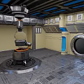 Futuristic Industrial Equipment In Metallic Room With Control Panels And Circular Window