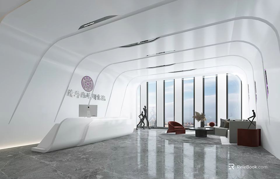 Modern White Curved Reception Desk with Floor-to-Ceiling Windows and Lounge Area on Marble Floor 3d model 