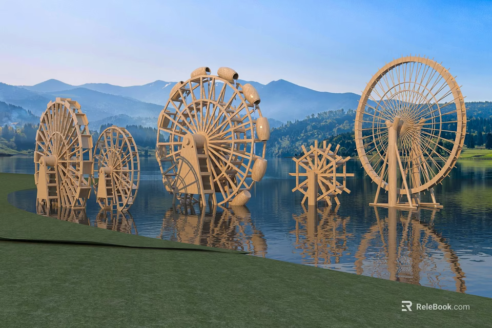 Multiple Large Wooden Water Wheels By The Lake With Mountain And Blue Sky Background 3d model 