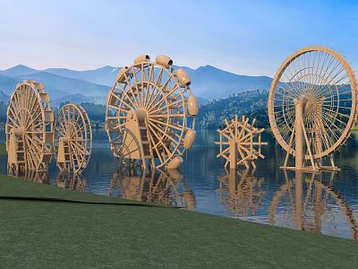 Multiple Large Wooden Water Wheels By The Lake With Mountain And Blue Sky Background 3d model