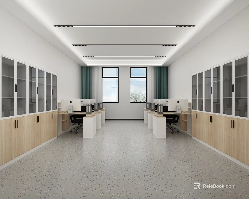 Modern Laboratory Interior With Desks Computers Chairs Cabinets And Windows 3d model