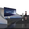 Futuristic Display Scene With Woman Standing Near Large Screen And Fan Shaped Device