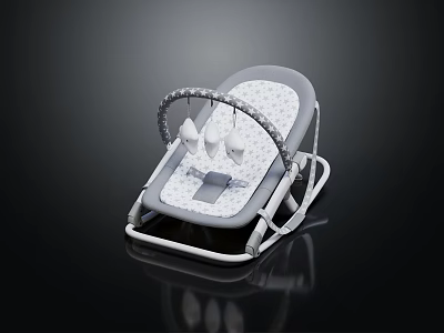 Gray And White Baby Crib With Soft Padded Mattress Rocking Design And Hanging Toys 3d model