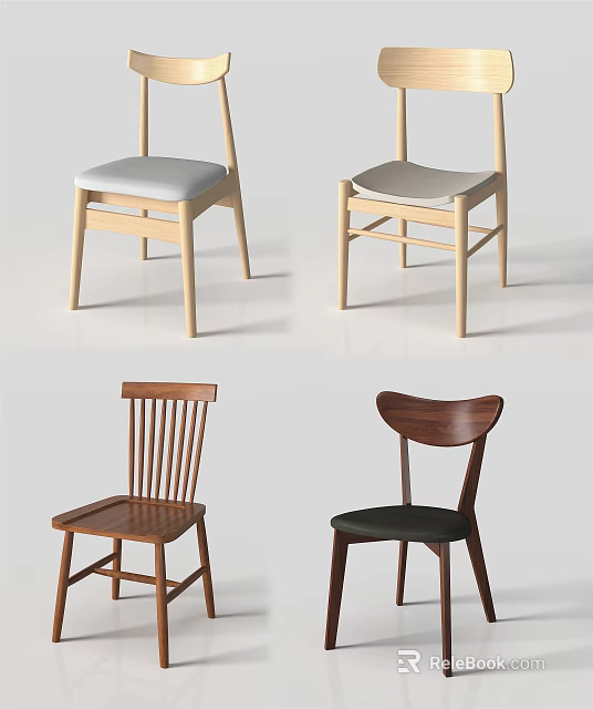 Dining Chairs In Various Designs With Wooden Frames And Upholstered Seats 3d model 