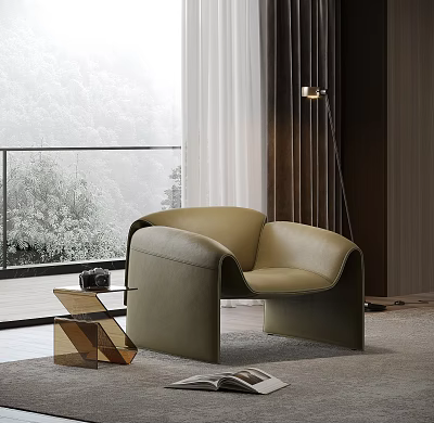 Modern Beige Leather Accent Chair With Curved Design In Living Room By Scenic Window 3d model