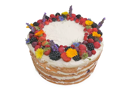Delicious Naked Cake Topped With Fresh Berries And Colorful Flower Decorations 3d model Delicious Naked Cake Topped With Fresh Berries And Colorful Flower Decorations 3d model
