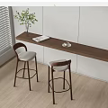 Modern Wooden Bar Counter With Two Bar Stools Plant Vase Magazine And Coffee Cup