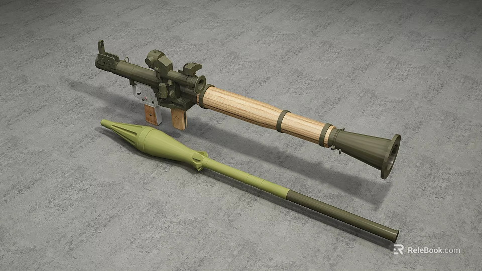 Military Anti Tank Rocket Launcher With Wooden Stock And Green Launch Tube 3d model 