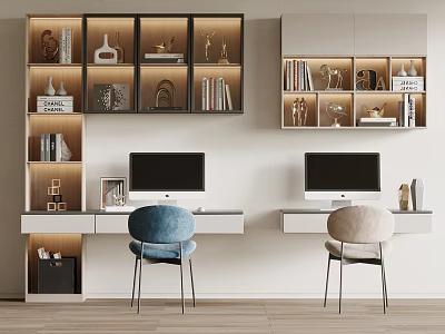Double Desk Home Office Setup With Computers Chairs Books And Decorative Shelves 3d model