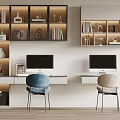 Double Desk Home Office Setup With Computers Chairs Books And Decorative Shelves