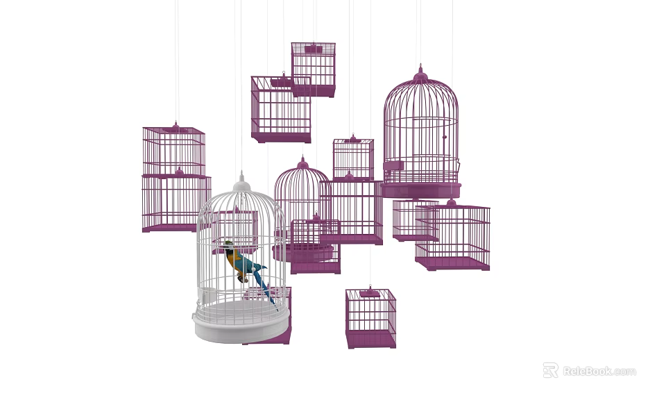 Decorative Ornament Set with Purple and White Birdcages Including One with Colorful Bird 3d model 