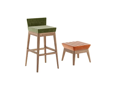 Modern Green Bar Stool With Upholstered Cushion Wooden Legs And Orange Stool 3d model