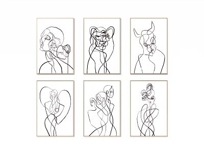 Minimalist Line Art Wall Art Set of Six with Abstract Figures and Wooden Frames 3d model