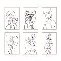 Minimalist Line Art Wall Art Set of Six with Abstract Figures and Wooden Frames
