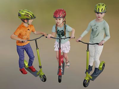 Three Kids Riding Scooters Wearing Colorful Helmets Enjoying Outdoor Play 3d model