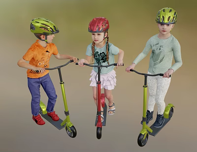 Three Kids Riding Scooters Wearing Colorful Helmets Enjoying Outdoor Play 3d model