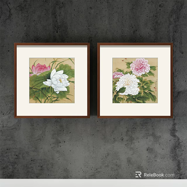 Botanical Paintings With Pink White Lotus Peony Green Leaves In Wooden Frames On Gray Wall 3d model 