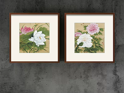 Botanical Paintings With Pink White Lotus Peony Green Leaves In Wooden Frames On Gray Wall 3d model